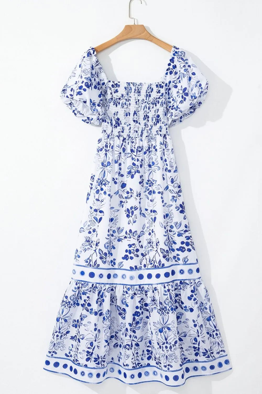 Smocked Printed Square Neck Puff Sleeve Dress - adritiX