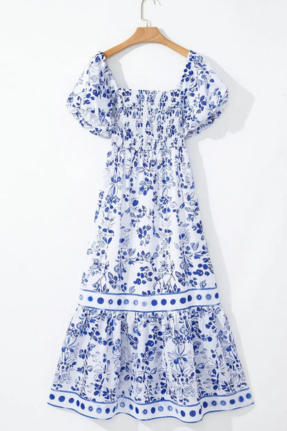 Smocked Printed Square Neck Puff Sleeve Dress - adritiX