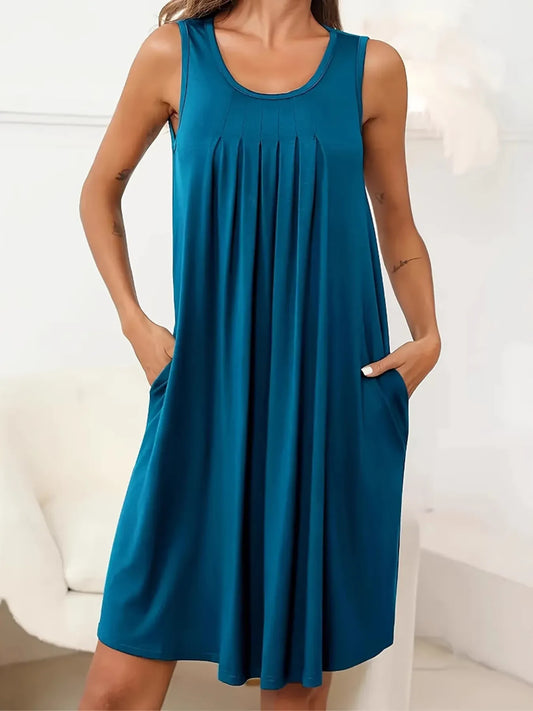 Flowy Pleated Tank Dress with Pockets - adritiX