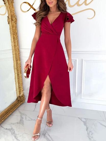 Surplice Ruffled Cap Sleeve Dress - adritiX