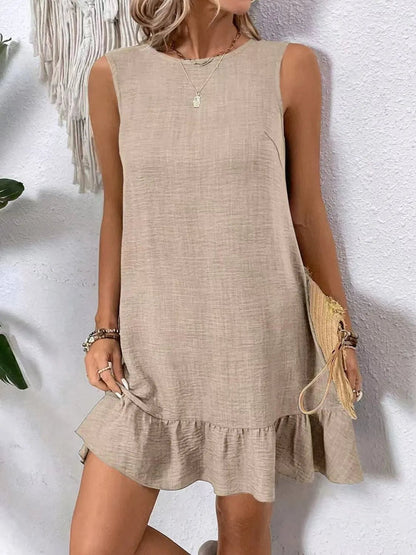 Ruffled Hem Round Neck Sleeveless Dress - adritiX