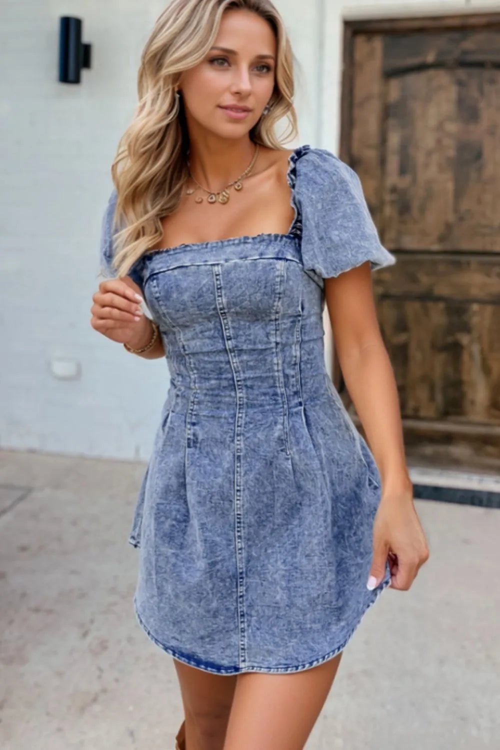Tie Back Square Neck Puff Sleeve Denim Dress - adritiX