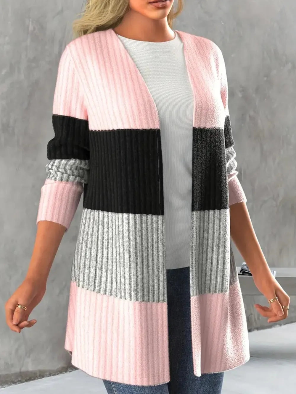 Color Block Open Front Long Sleeve Cardigan - adritiX