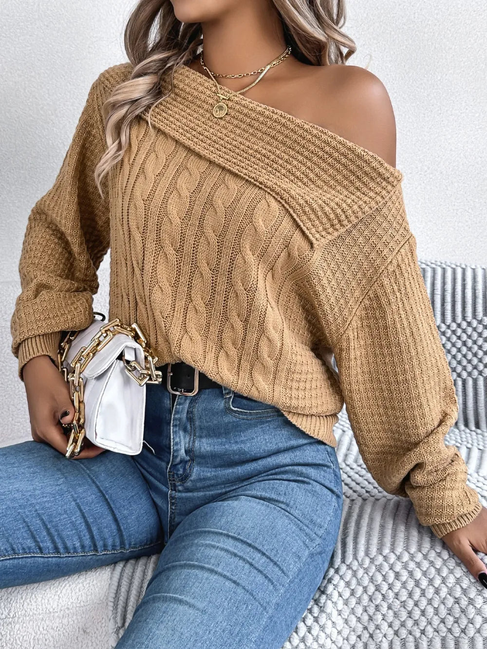 Cable-Knit One Shoulder Long Sleeve Sweater - adritiX