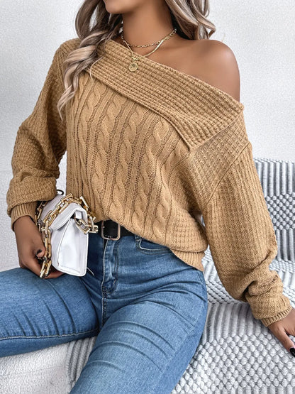 Cable-Knit One Shoulder Long Sleeve Sweater - adritiX
