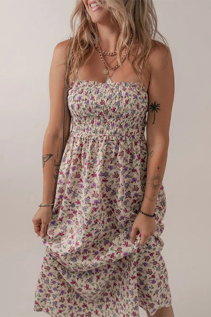 Multicolour Bohemian Ditsy Floral Smocked Fit Flare Sundress - adritiX