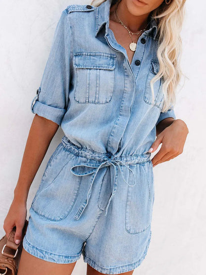 Elegant Drawstring Half Button Half Sleeve Denim Romper - adritiX