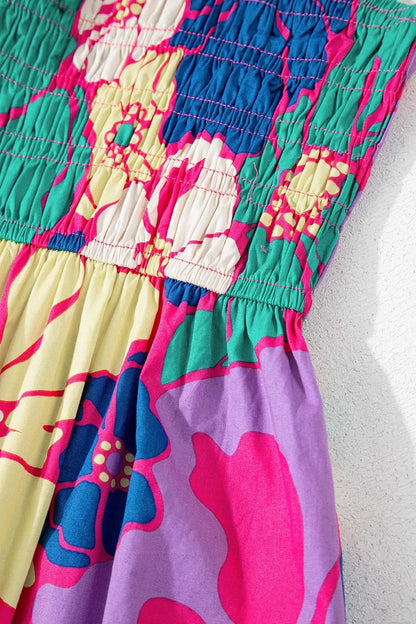 Floral Print Shirred Spaghetti Strap Loose Maxi Dress - adritiX