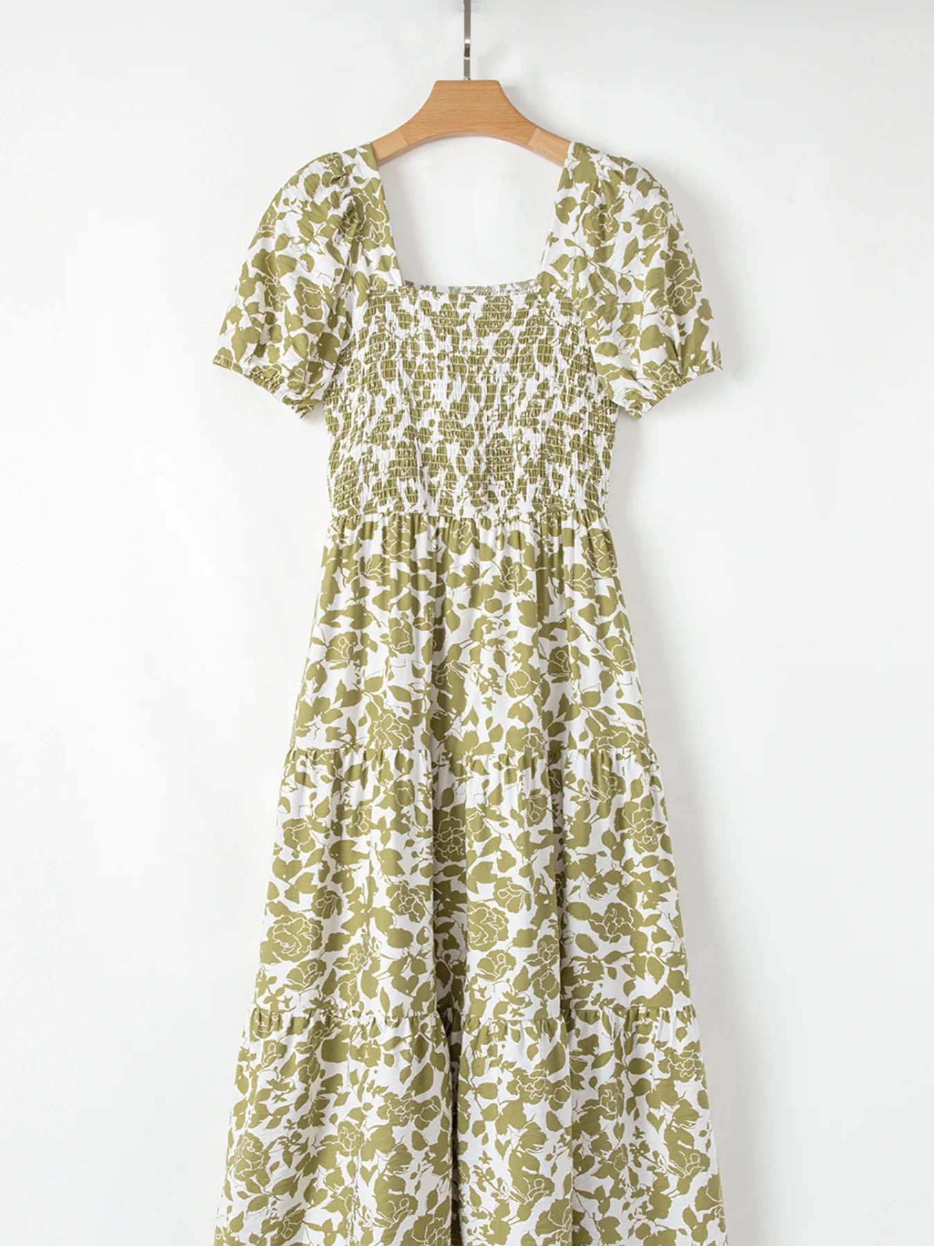 Boho Floral Square Neck Smocked Bust Puff Sleeve Tiered Dress - adritiX