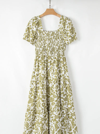 Boho Floral Square Neck Smocked Bust Puff Sleeve Tiered Dress - adritiX