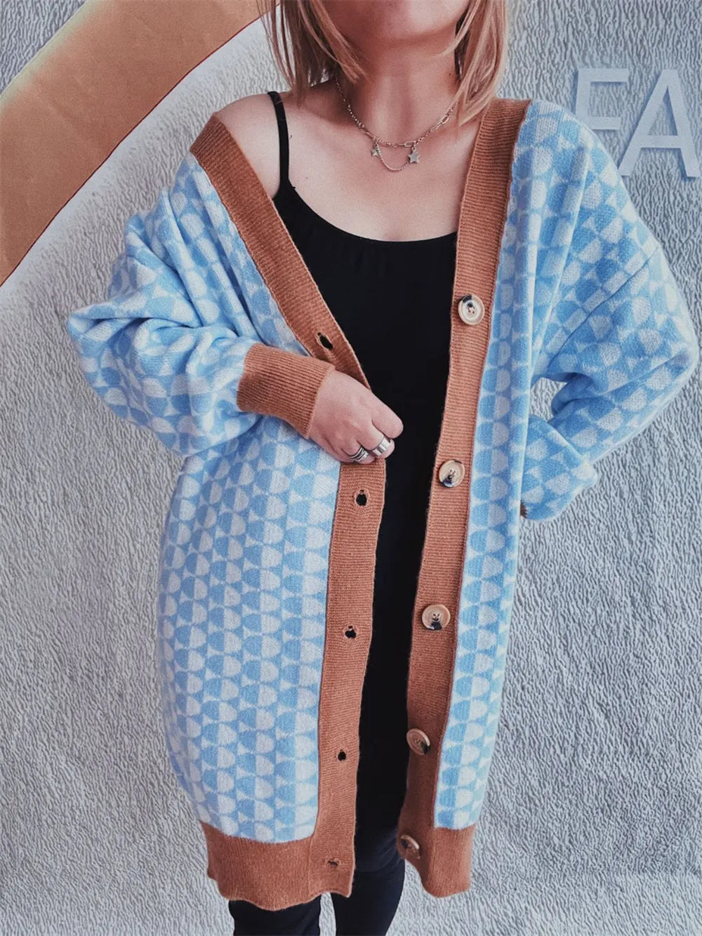 Contrast Trim Geometric Button Down Cardigan - adritiX