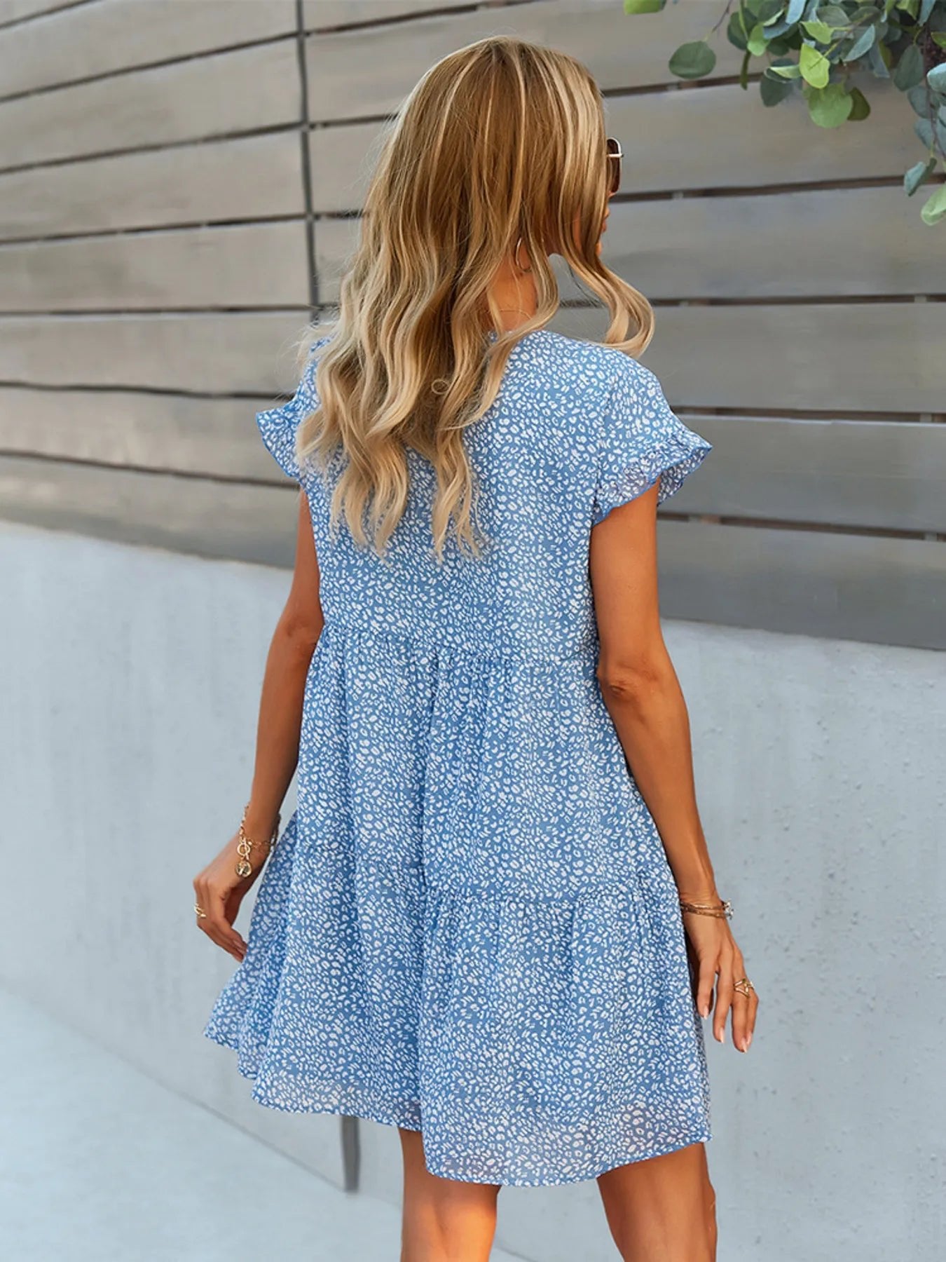 Floral Print V-Neck Ruffle Tiered Summer Mini Dress - adritiX