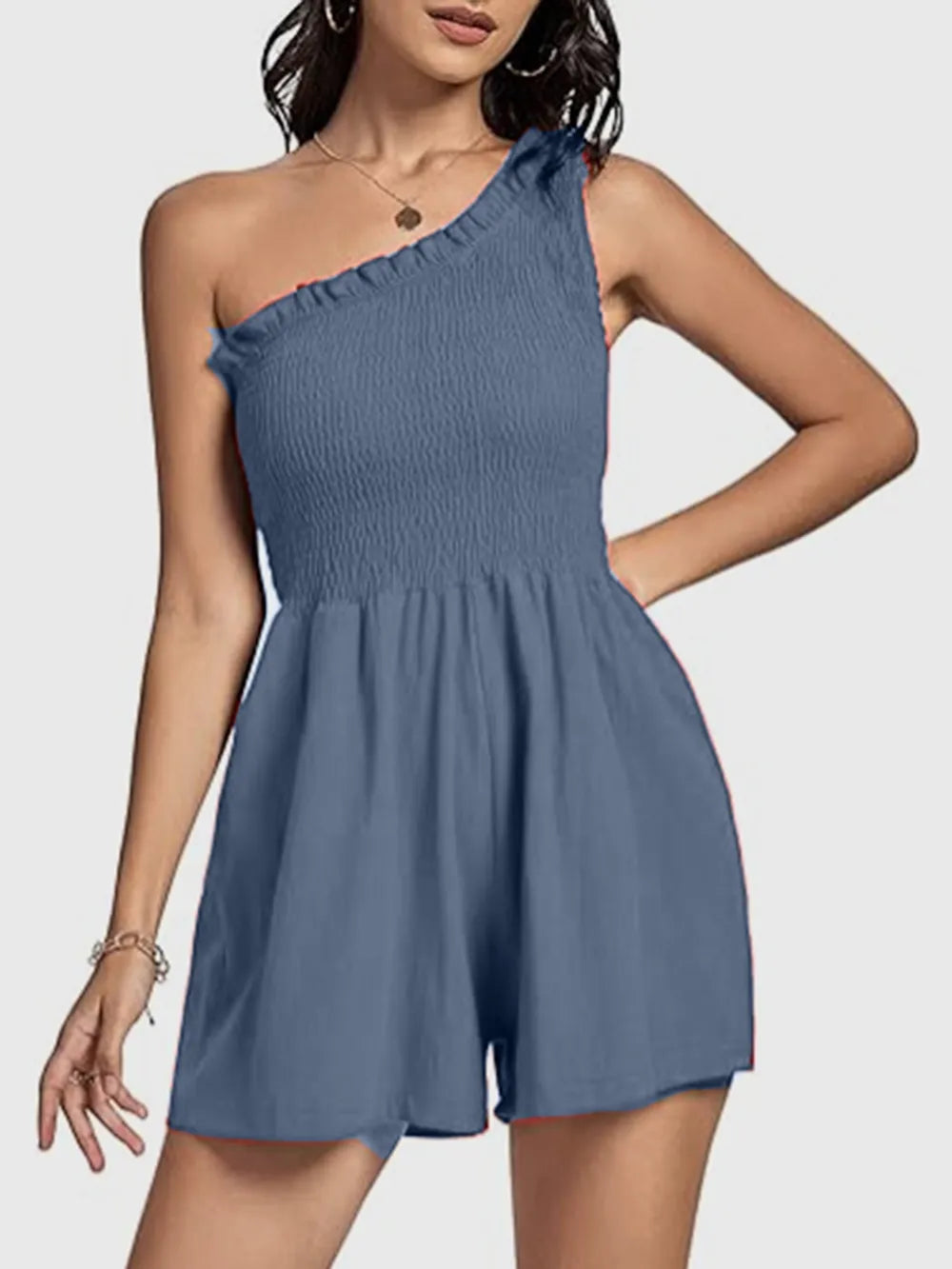 Elegant Smocked Single Shoulder Romper - adritiX