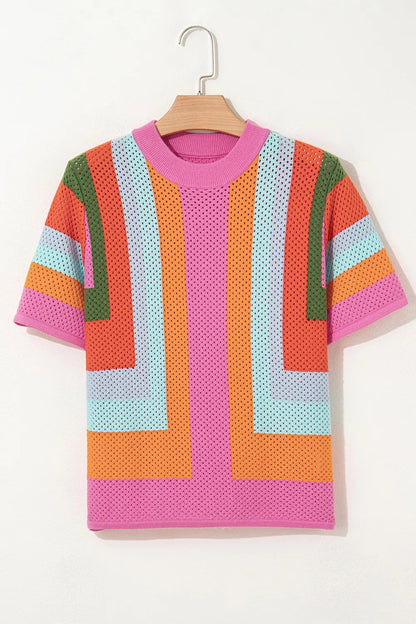 Color Block Eyelet Casual Knit Top - adritiX