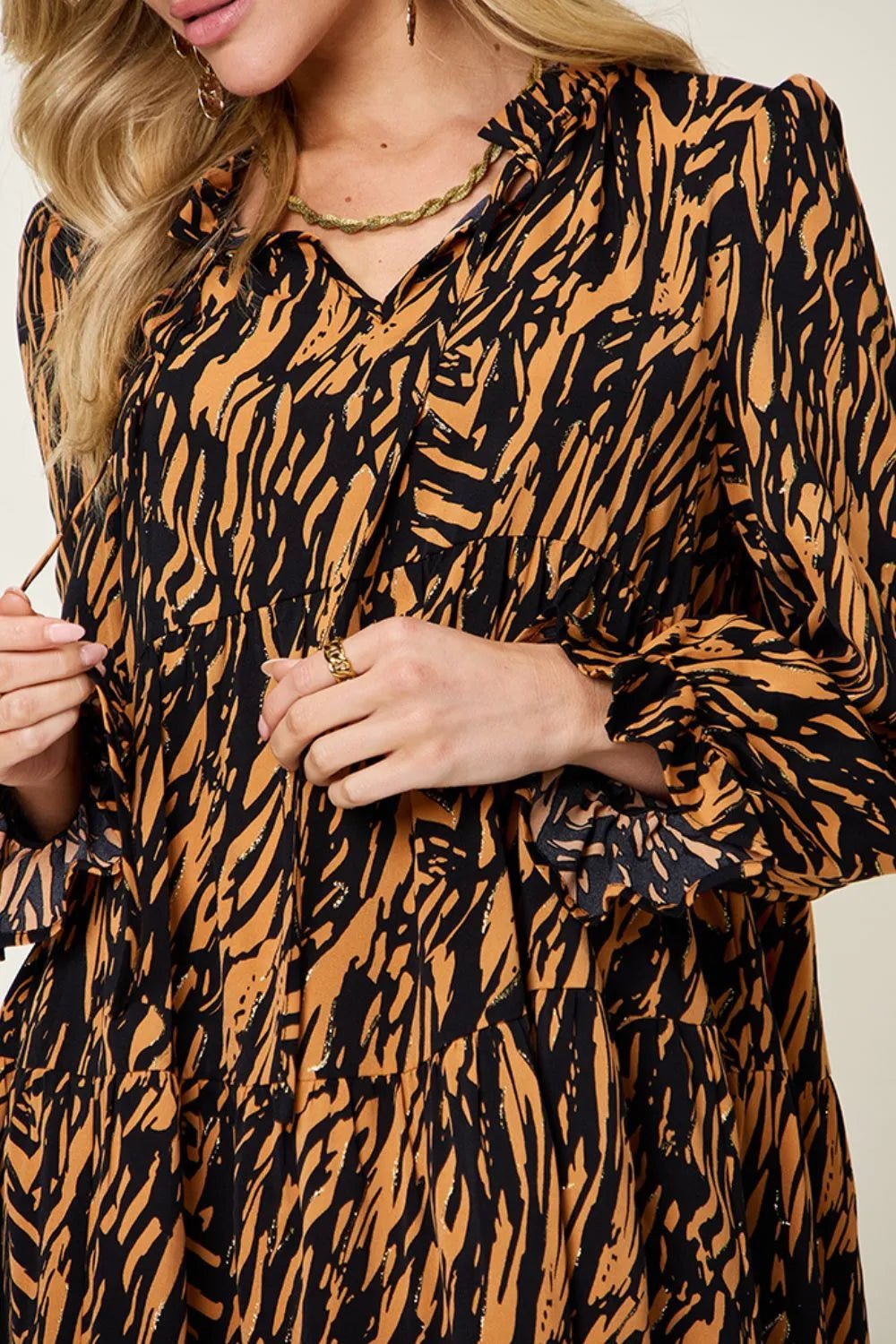 Double Take Full Size Printed Ruffle Hem Long Sleeve Dress - adritiX
