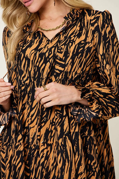 Double Take Full Size Printed Ruffle Hem Long Sleeve Dress - adritiX