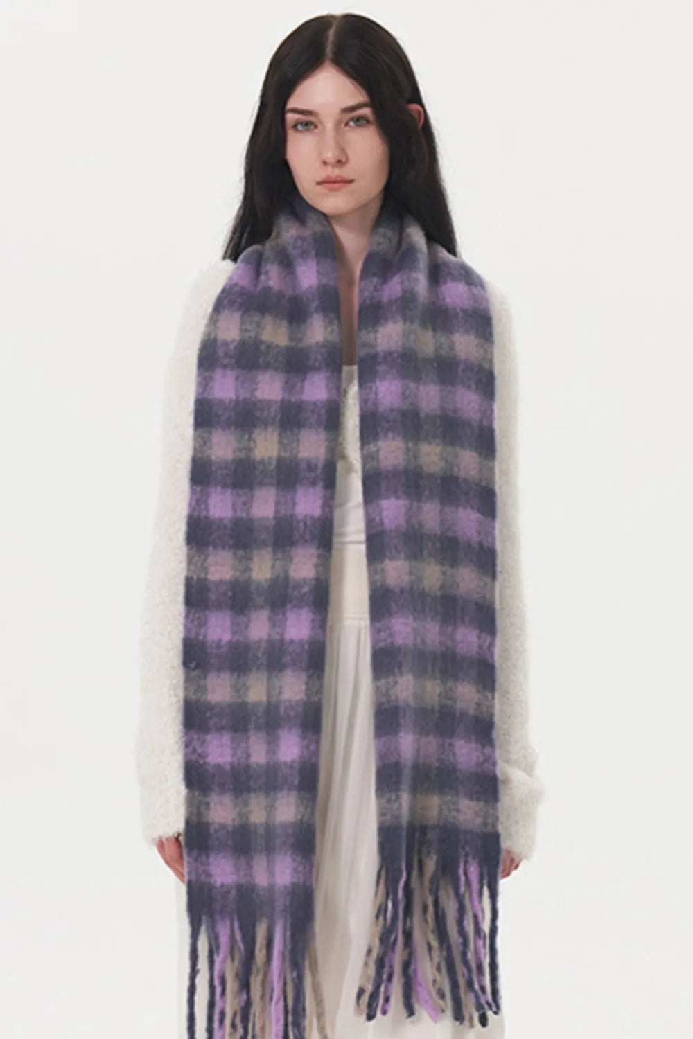 Fringe Plaid Polyester Scarf - adritiX
