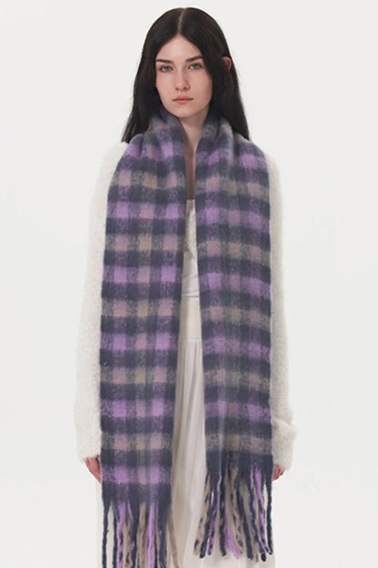 Fringe Plaid Polyester Scarf - adritiX