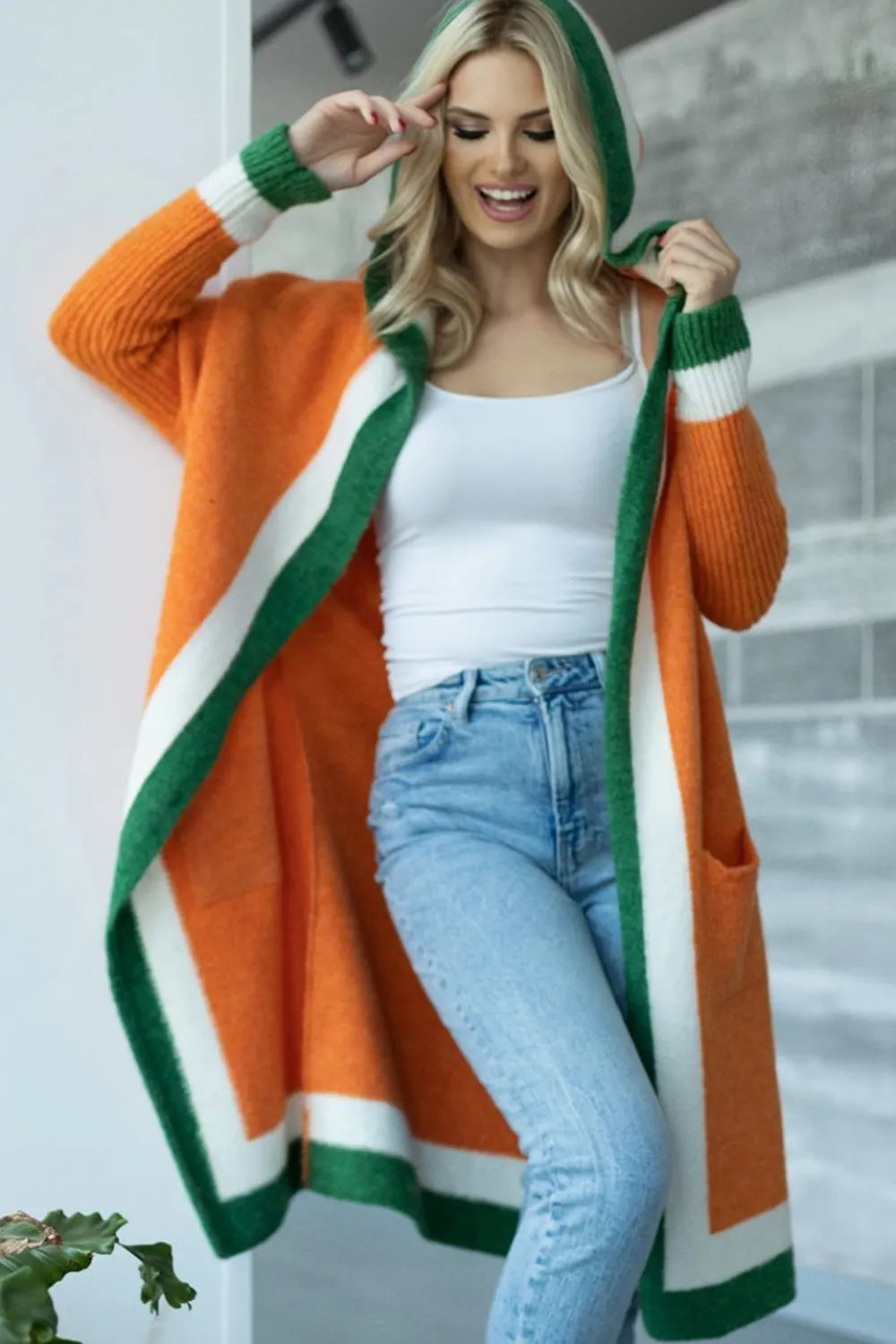 Pocketed Contrast Long Sleeve Hooded Cardigan - adritiX