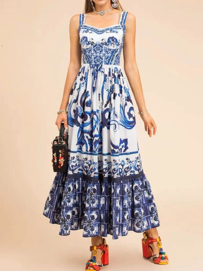 Smocked Printed Wide Strap Dress - adritiX
