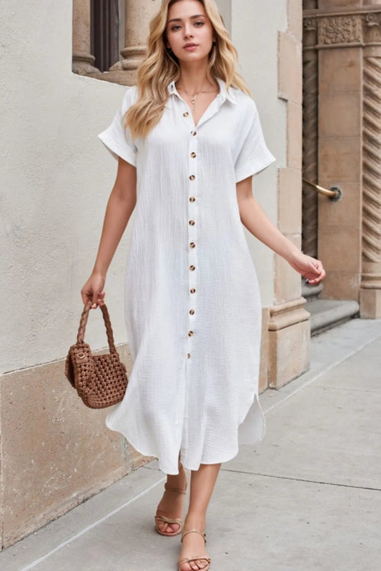 Button Down Short Sleeve Midi Shirt Dress - adritiX