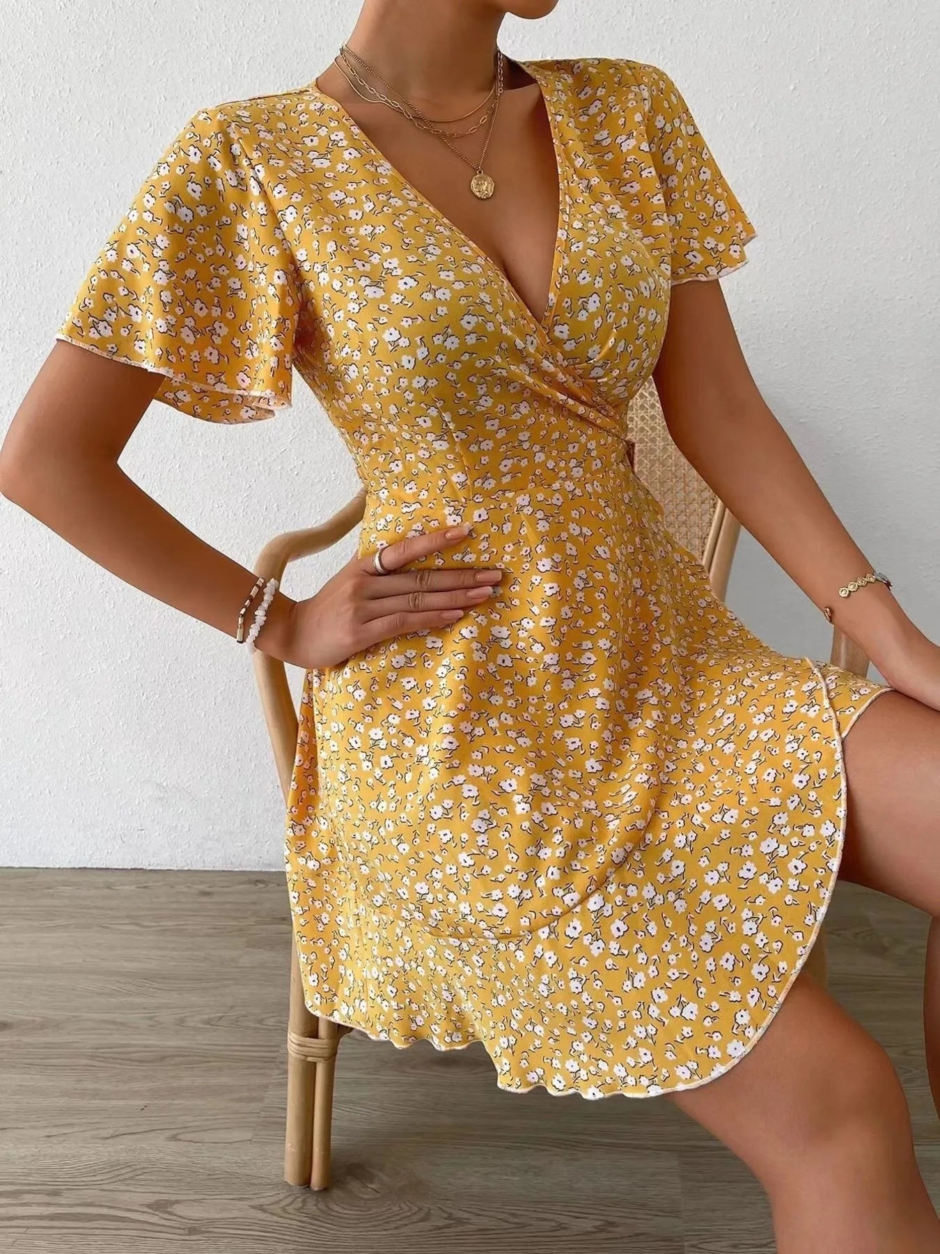Floral Flutter Sleeve Wrap Mini Dress - adritiX