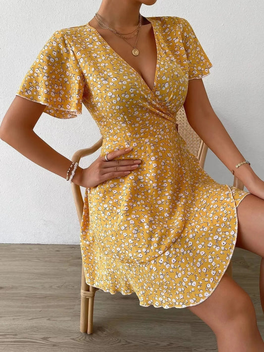 Floral Flutter Sleeve Wrap Mini Dress - adritiX