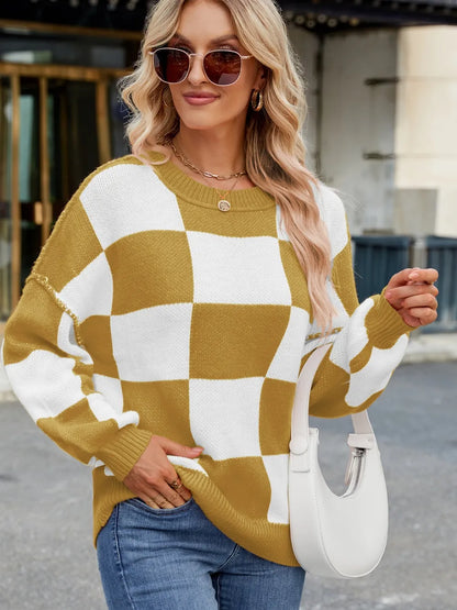 Checkered Round Neck Long Sleeve Sweater - adritiX