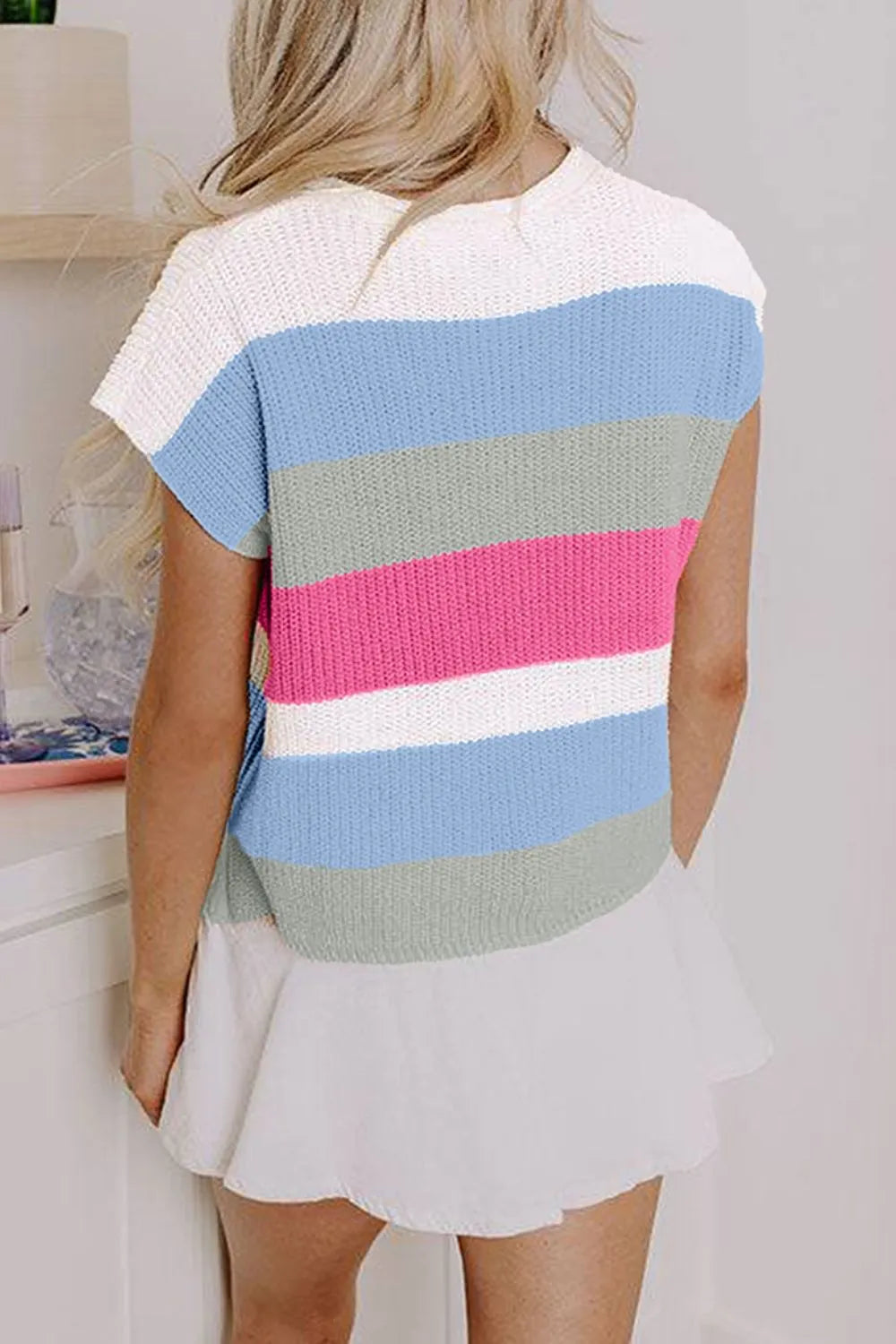 Color Block Notched Cap Sleeve Knit Top - adritiX
