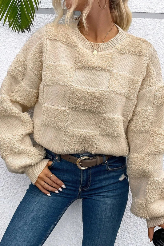 Checkered Round Neck Dropped Shoulder Sweater - adritiX
