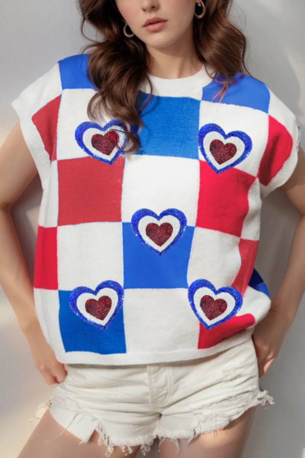 Sequin Heart Color Block Round Neck Knit Top - adritiX