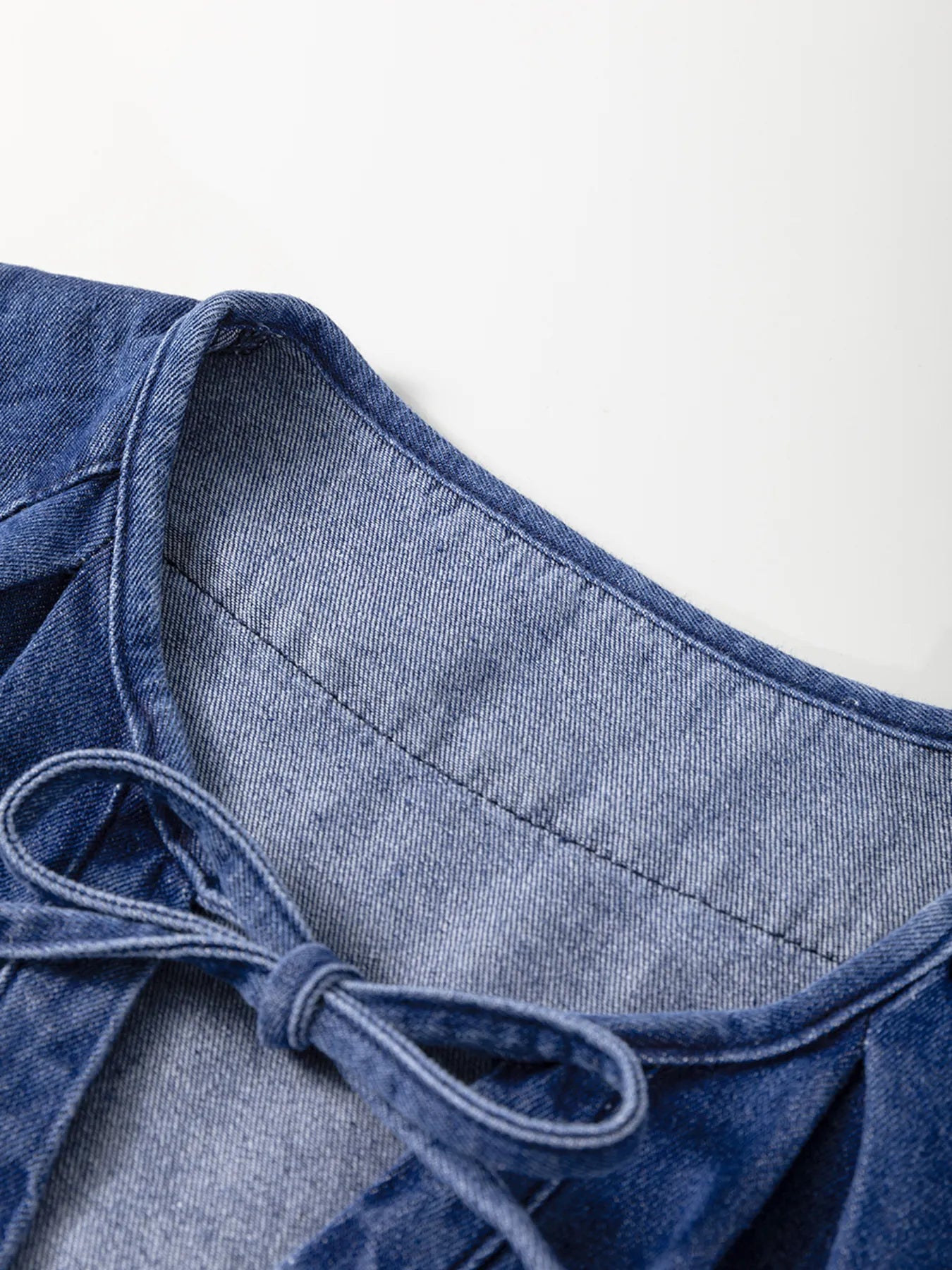 Drawstring High Waist Puff Sleeve Denim Mini Dress - adritiX