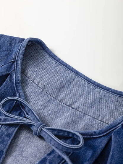 Drawstring High Waist Puff Sleeve Denim Mini Dress - adritiX