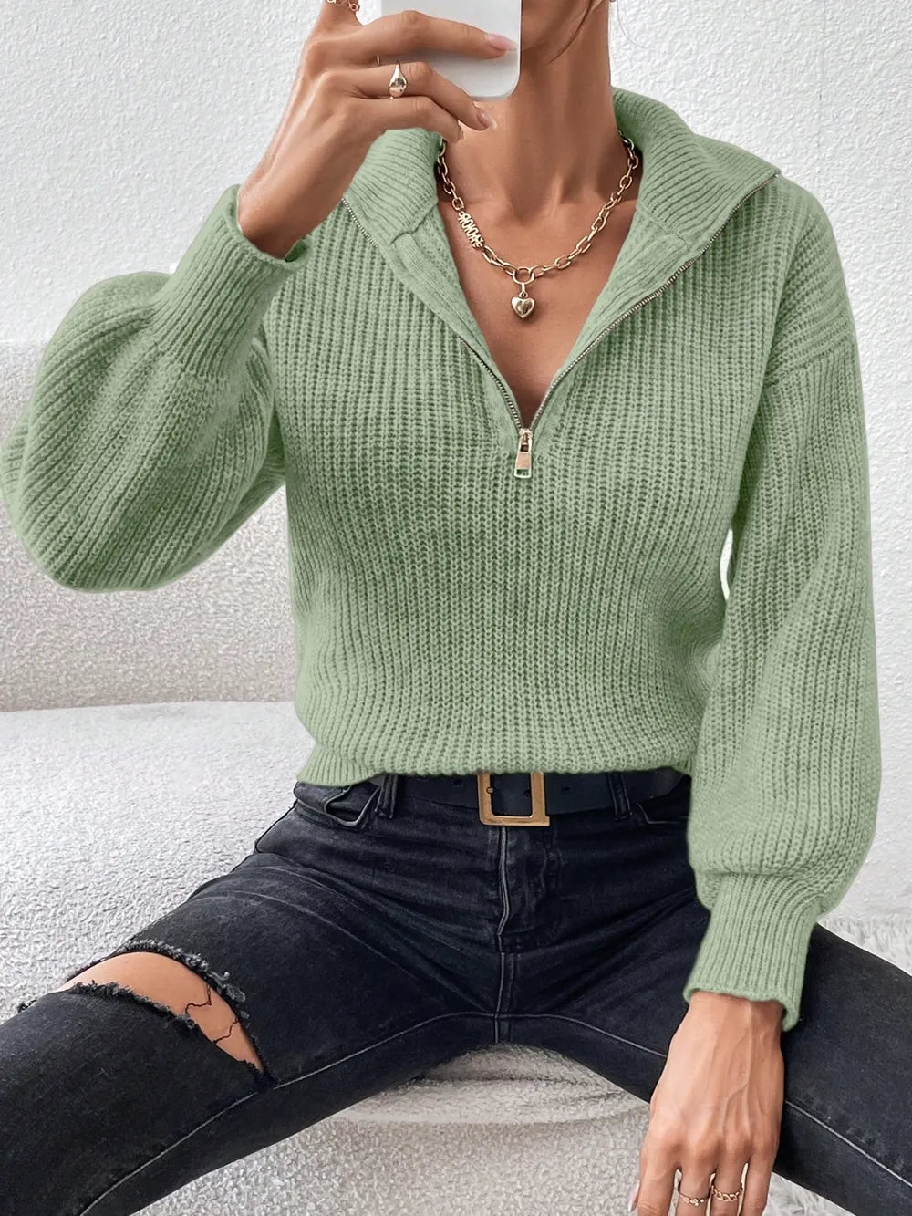 Elegant Honey Half Zip Dropped Shoulder Sweater - adritiX
