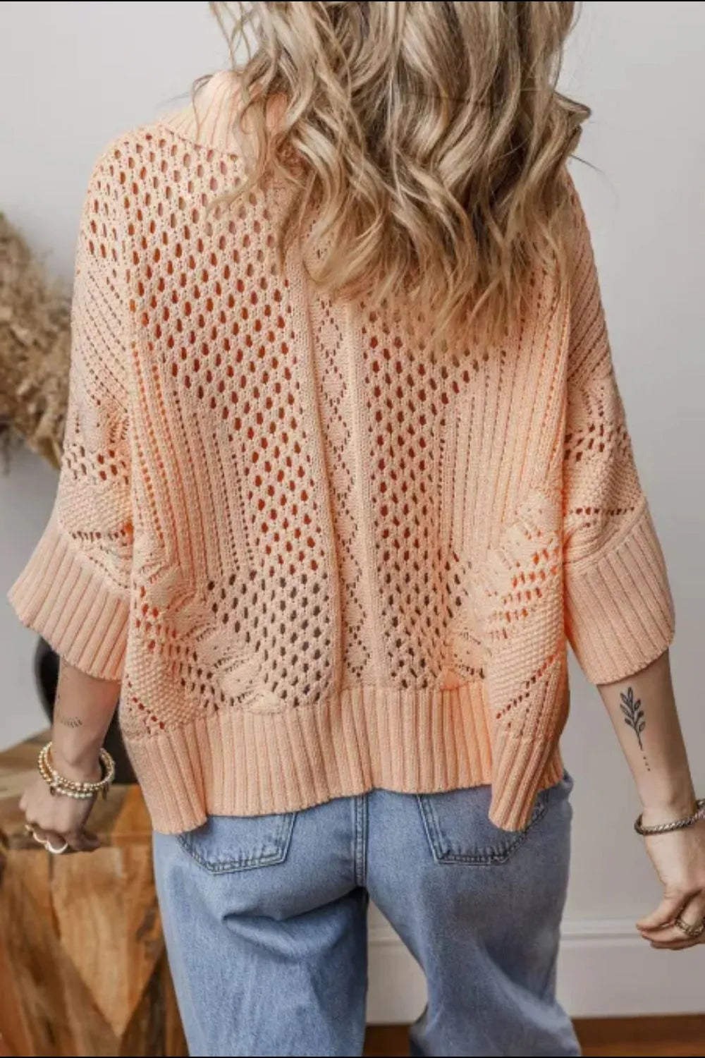 Cutout Collared Neck Three-Quarter Sleeve Sweater - adritiX