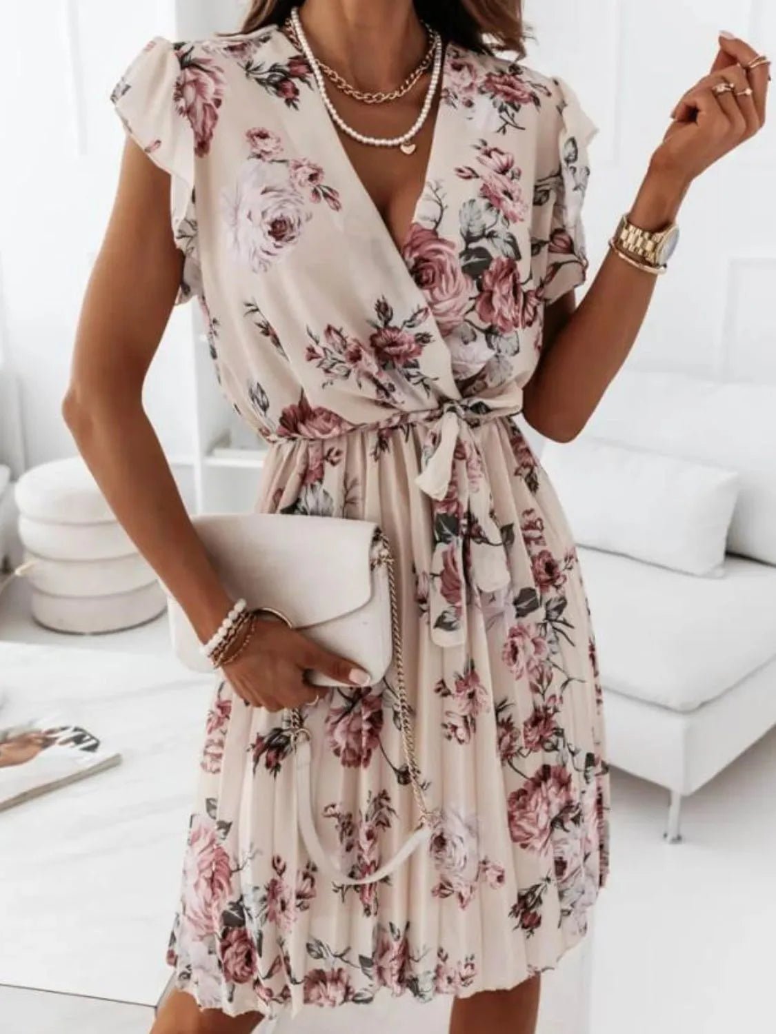 Floral Surplice Ruffled Cap Sleeve Dress - adritiX