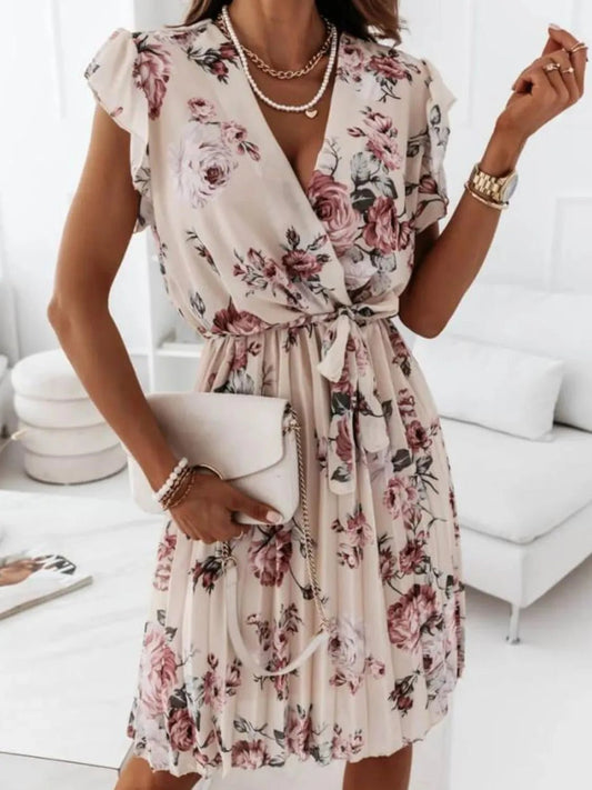 Floral Surplice Ruffled Cap Sleeve Dress - adritiX