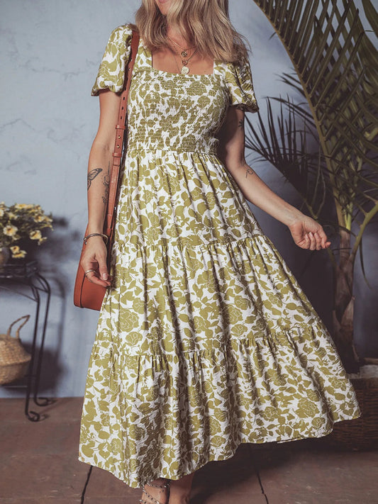 Boho Floral Square Neck Smocked Bust Puff Sleeve Tiered Dress - adritiX