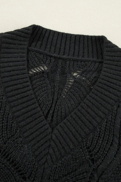Openwork V-Neck Long Sleeve Sweater - adritiX