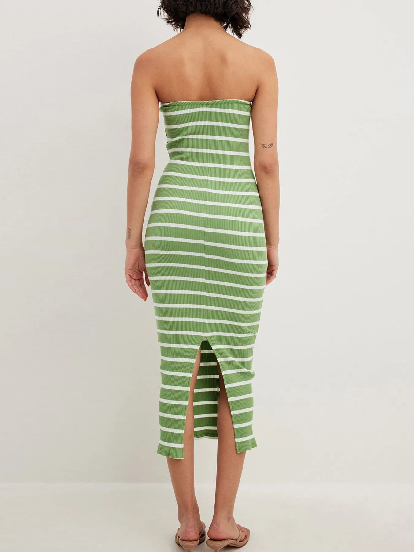 Slit Back Striped Strapless Bodycon Midi Dress - adritiX