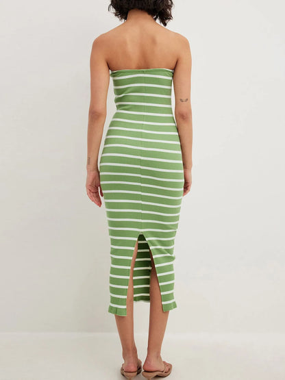 Slit Back Striped Strapless Bodycon Midi Dress - adritiX