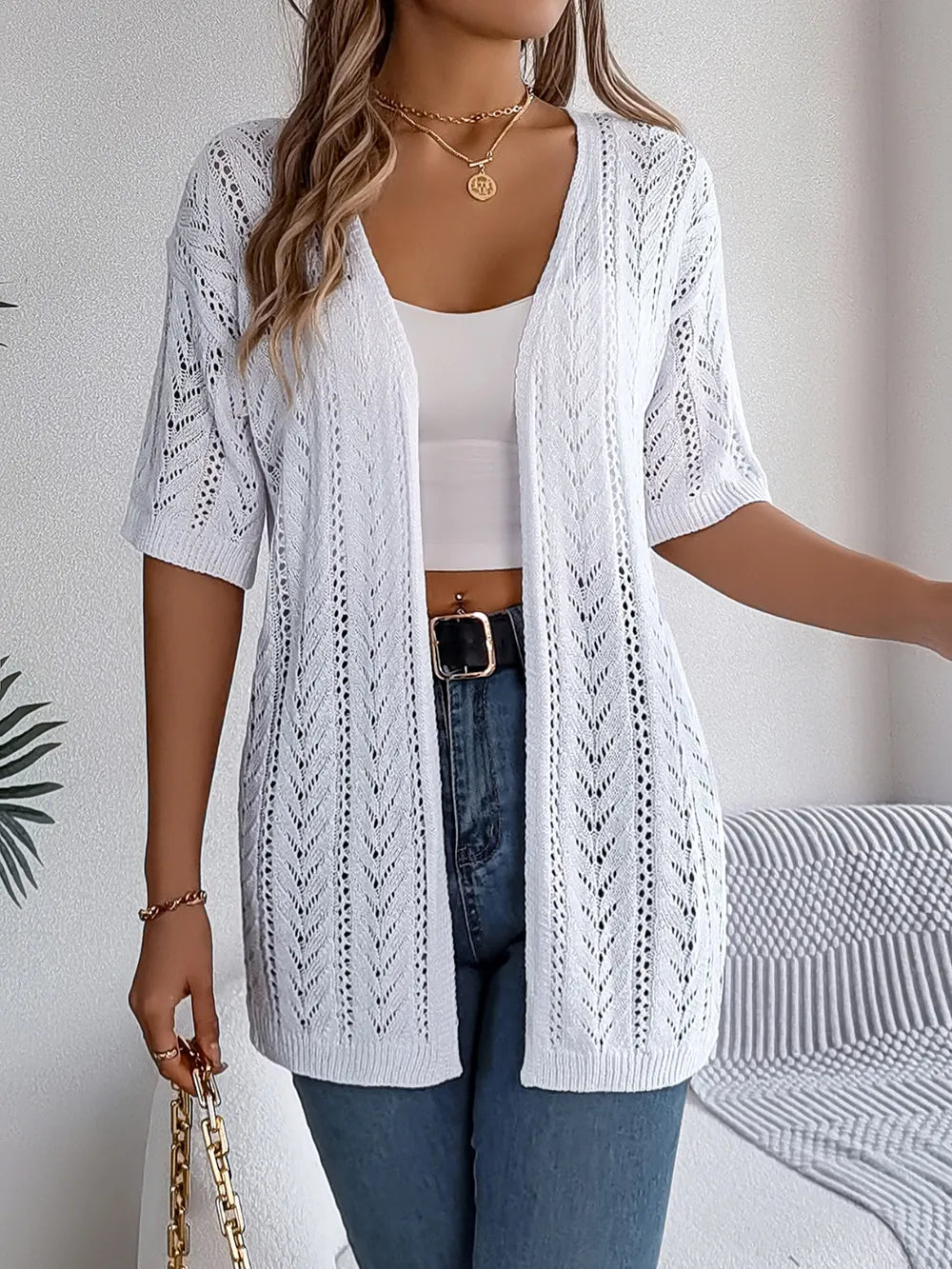 Openwork Open Front Half Sleeve Cardigan - adritiX