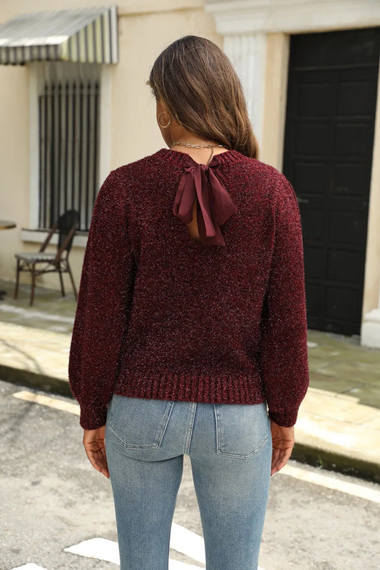 Tied Heathered Round Neck Long Sleeve Sweater - adritiX