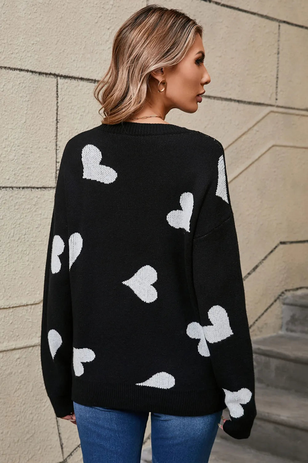 Angel Wings Heart Round Neck Dropped Shoulder Sweater - adritiX