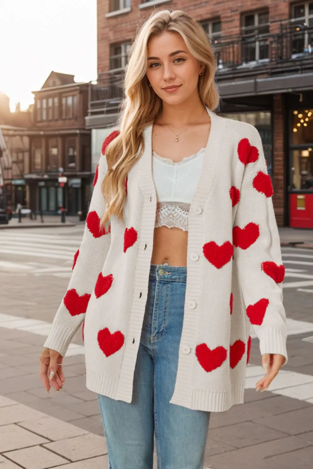 Heart Button Down Long Sleeve Cardigan - adritiX