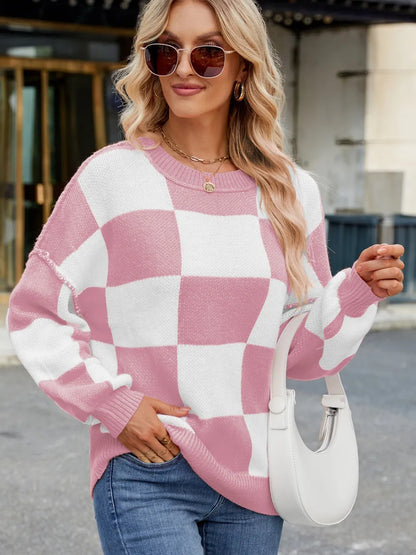 Checkered Round Neck Long Sleeve Sweater - adritiX