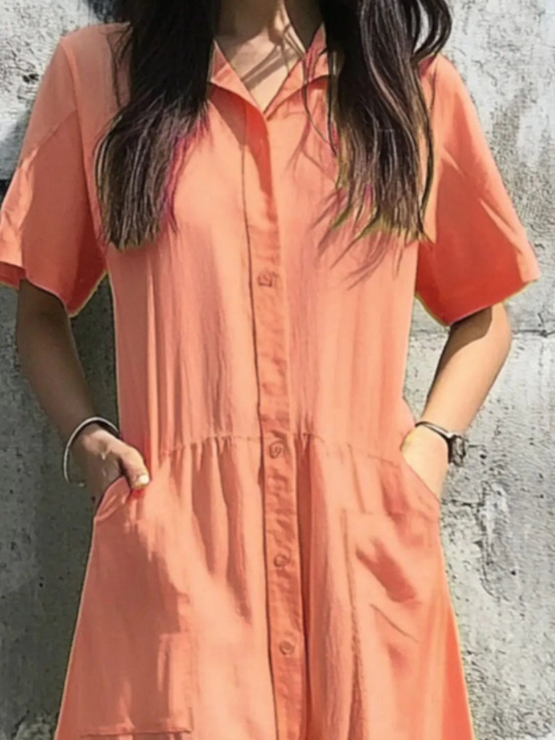 Button Front Short Sleeve Midi Dress - adritiX