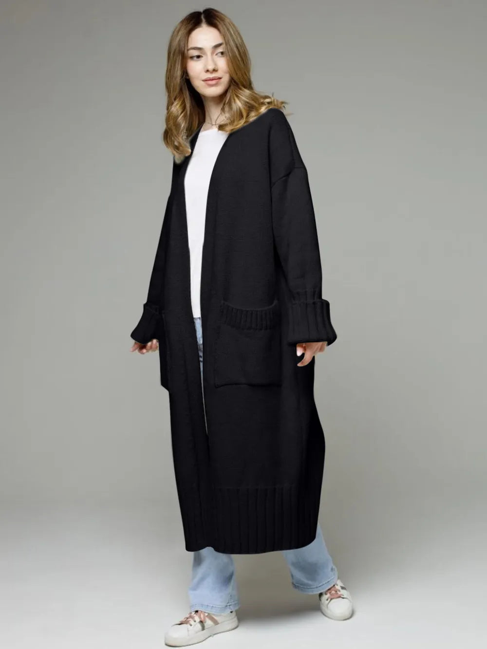 Pocketed Open Front Dropped Shoulder Cardigan - adritiX