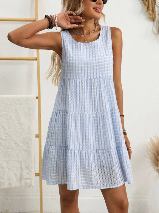 Plaid Round Neck Sleeveless Mini Dress - adritiX