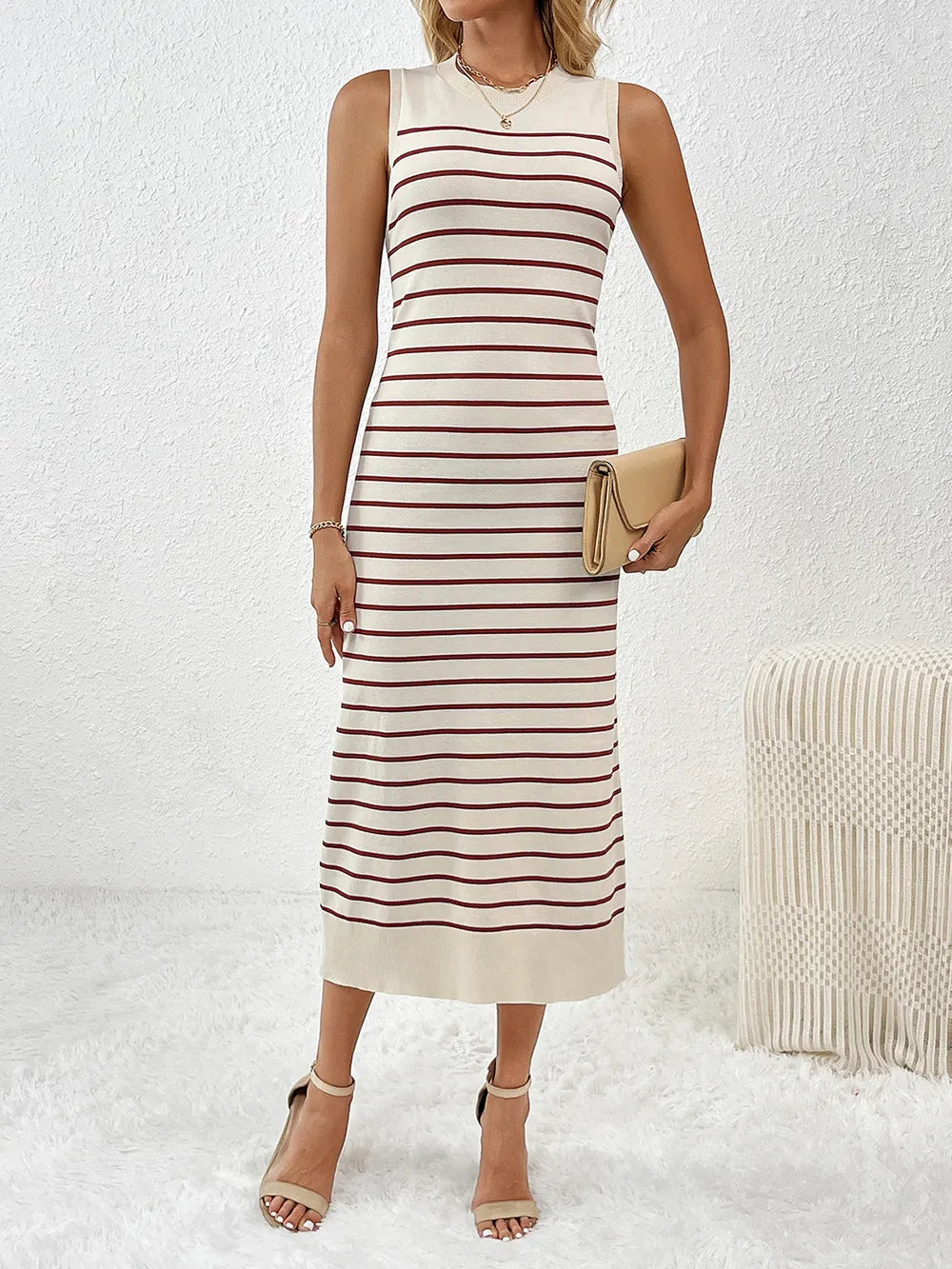 Round Neck Sleeve Midi Knit Dress - adritiX